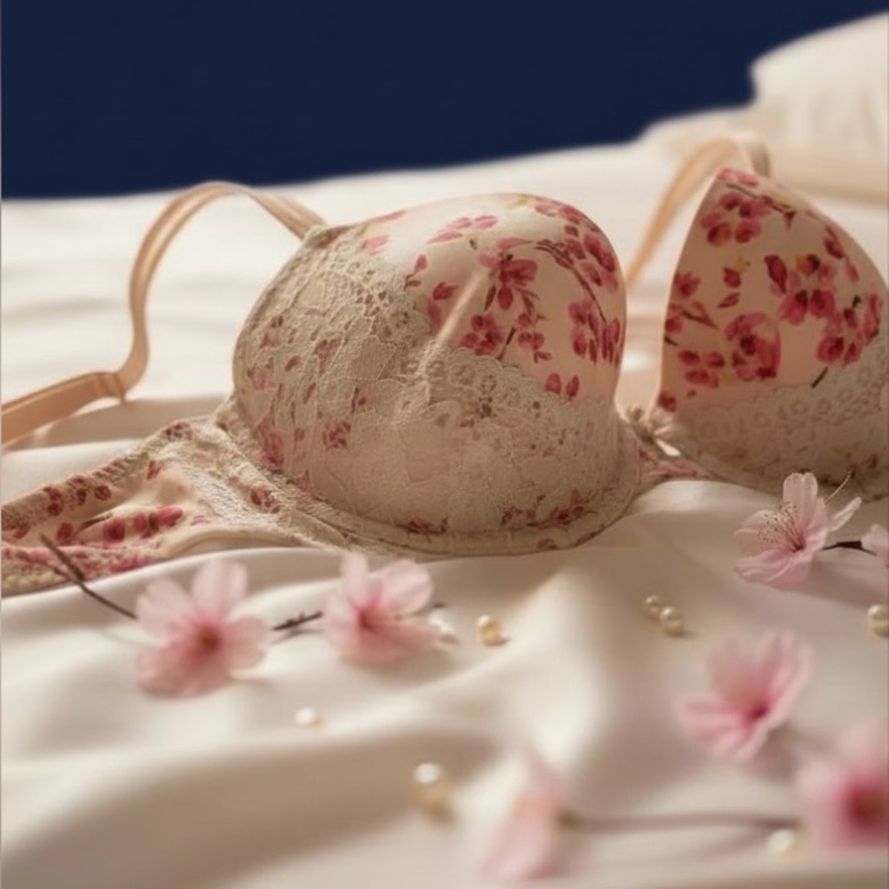 Victoria's Secret Floral Lace Bra - Cream and Pink